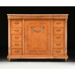 A NEOCLASSICAL REVIVAL MARBLE TOPPED AND GILT BRONZE MOUNTED BIRDS EYE MAPLE SIDEBOARD, FRENCH, LATE