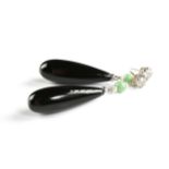 A PAIR OF 14K WHITE GOLD, PLATINUM, BLACK JADE, PEARL, AND DIAMOND LADY'S DROP EARRINGS, of art deco