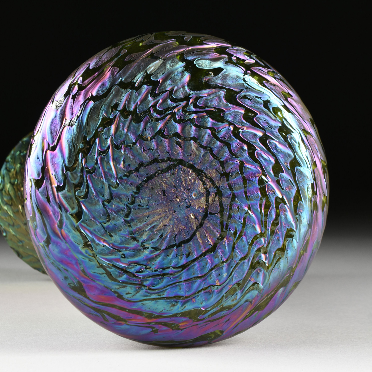 TWO IRIDESCENT ART GLASS VASES, LUNDBERG STUDIOS, CALIFORNIA, CIRCA 1996, the trumpet vase with a - Image 6 of 12