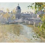 CONTINENTAL SCHOOL (20th Century) A PAINTING, "Neoclassical Architecture with Boulevard Bridge," oil