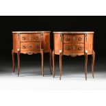 A PAIR OF TRANSITIONAL LOUIS XV/XVI STYLE INLAID MARBLE TOP END TABLES, 20TH CENTURY, the brown