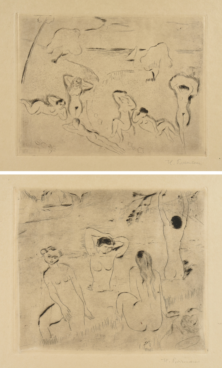 HANS PURRMANN (German 1880-1966) TWO ETCHINGS, "Vier Badende Frauen (Sommer)," AND "Sechs Badende