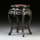 A CHINESE MARBLE TOPPED CARVED HARDWOOD SIDE TABLE, REPUBLIC PERIOD (1912-1949), with a circular