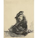 after REMBRANDT VAN RIJN (Dutch 1606-1669) A PRINT, "Self Portrait Leaning on a Stone Sill,"