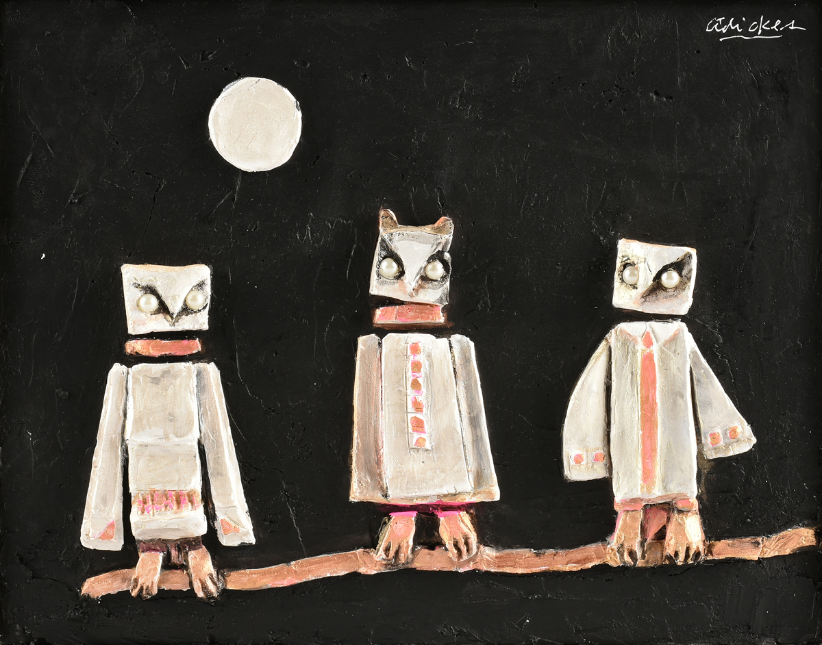 DAVID ADICKES (American/Texas b. 1927) A PAINTING, "Family of Three Owls," mixed media on matrix now