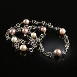 A STERLING SILVER AND MULTI-COLOR FRESH WATER PEARL LADY'S NECKLACE, the sterling silver link