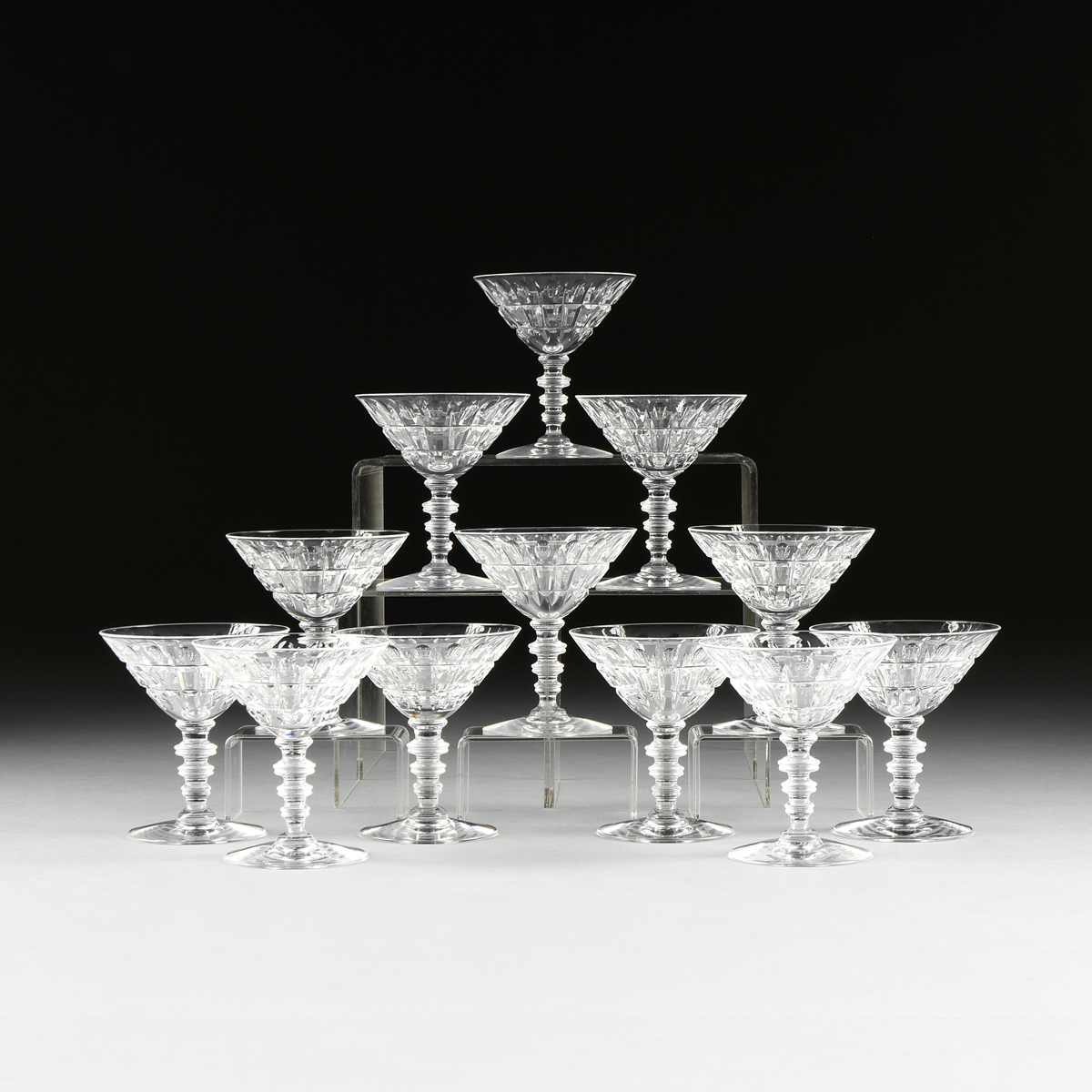 A SET OF TWELVE HAWKES CUT GLASS CHAMPAGNE COUPE STEMWARE, VERNAY PATTERN, SIGNED, 20TH CENTURY,