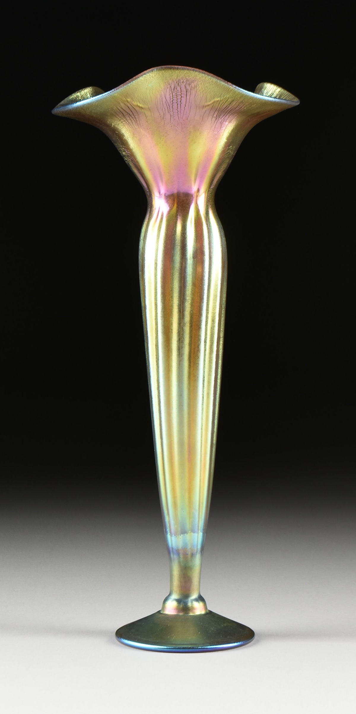 TWO IRIDESCENT ART GLASS VASES, LUNDBERG STUDIOS, CALIFORNIA, CIRCA 1996, the trumpet vase with a - Image 7 of 12