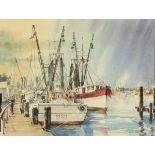 NORMAN E. BAXTER (American 20th Century) A WATERCOLOR, "Shrimp Boats, Freeport Texas," watercolor on