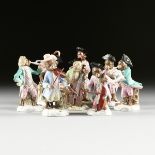 A GROUP OF EIGHT DRESDEN PORCELAIN MONKEY BAND FIGURES, UNDERGLAZE BLUE MARKS, 19TH/20TH