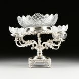 A VICTORIAN CUT CRYSTAL MOUNTED AND SILVER PLATED FOUR BRANCH EPERGNE, LATE 19TH/EARLY 20TH CENTURY,