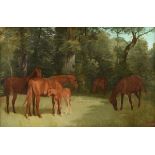 AMERICAN SCHOOL (19TH/20TH CENTURY) A PAINTING, "Sire and Dam Thoroughbreds with Foal in Pasture,"