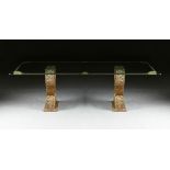 A HOLLYWOOD REGENCY STYLE GILT ETCHED GLASS TOP DUAL PEDESTAL DINING TABLE, MODERN, the