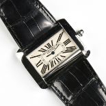 A STAINLESS STEEL CARTIER DIVAN QUARTZ WATCH, Swiss made, traditional black Roman numeral dial,