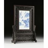 A CHINESE EXPORT BLUE AND WHITE PORCLEAIN PLAQUE ON STAND, MODERN, the landscape scene signed U/L,