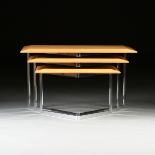 A CONTEMPORARY THREE PIECE SET OF BIRD'S EYE MAPLE AND CHROMED METAL NESTING TABLES, MODERN, each