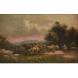 A BARBIZON SCHOOL (19th Century) A PAINTING, "Shepherd Herding Sheep at Sunset," oil on canvas,