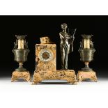 A DUTCH NÉO-GREC BRONZE AND GILT METAL MOUNTED SIENA MARBLE MANTLE CLOCK AND GARNITURE, BY
