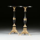 A PAIR OF OF REVIVAL STYLE MARBLE TOPPED POLISHED AND PATINATED BRONZE SIDE TABLES, MODERN, each