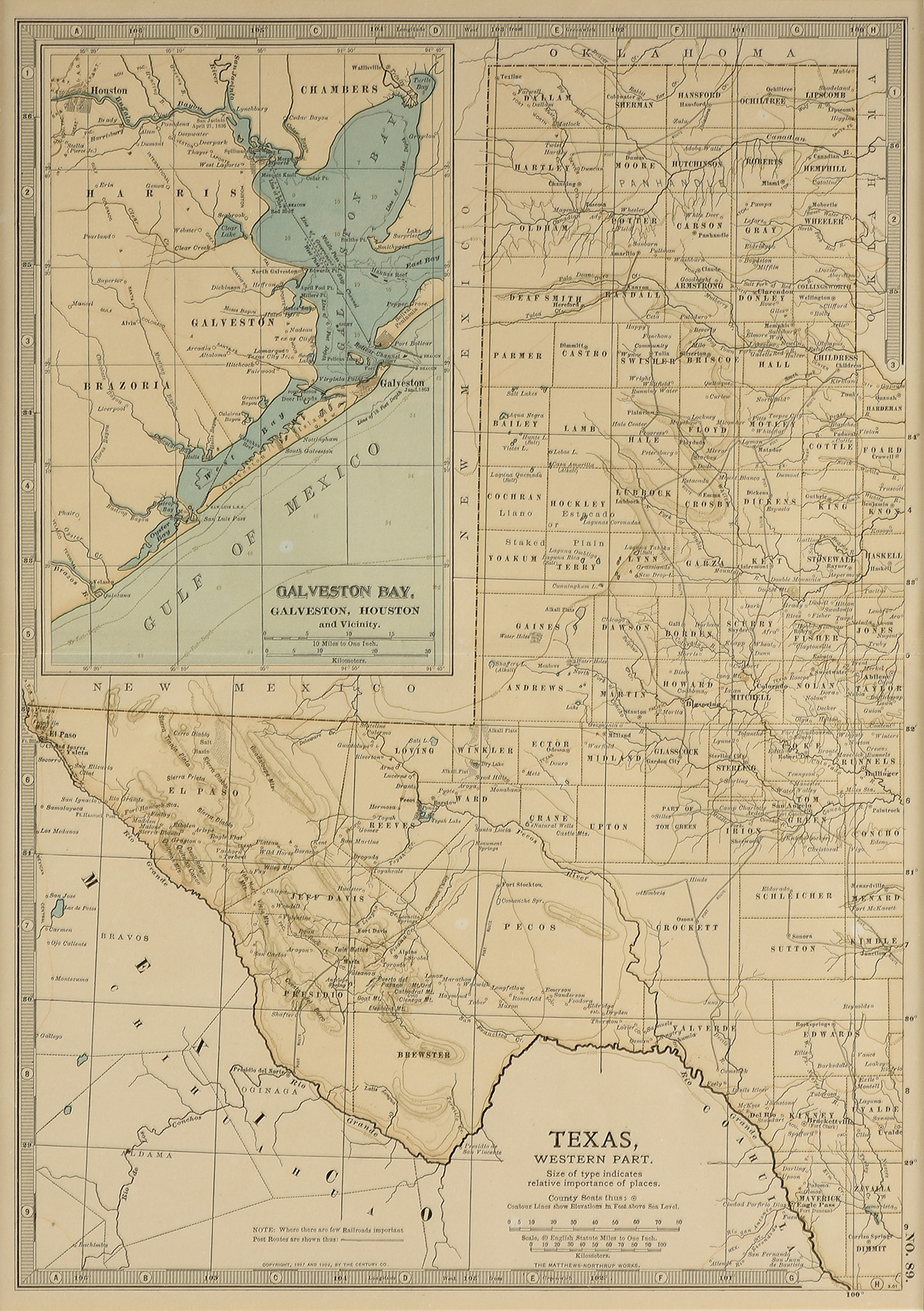 AN ANTIQUE MAP, "Texas, Western Part, with Views of Galveston Bay," NEW YORK, CIRCA 1902, color