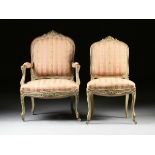 A SET OF SIX LOUIS XV STYLE PAINTED AND PARCEL GILT CARVED WOOD SALON CHAIRS, FRENCH, SECOND HALF
