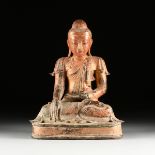 A MANDALAY PERIOD (1853-1948) PARCEL GILT ORANGE LACQUERED BRONZE BUDDHA WITH INSCRIPTION,