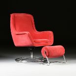 A MID CENTURY MODERN RED CORDUROY CHAIR AND OTTOMAN, BY BRICKELL & ASSOCIATES, INC., NEW YORK, THIRD