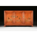 A MODERN AMERICAN CHINOISERIE DECORATED AND FAUX BURLED BURNT ORANGE LACQUER CONSOLE CABINET, BY
