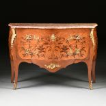 A LOUIS XV STYLE MARBLE TOPPED AND GILT BRONZE MOUNTED BOIS DE BOUT MARQUETRY BOMBÉ COMMODE, LATE