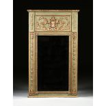 A NEOCLASSICAL REVIVAL STYLE GOLD AND GREEN PAINTED TRUMEAU MIRROR, MODERN, of rectangular form with