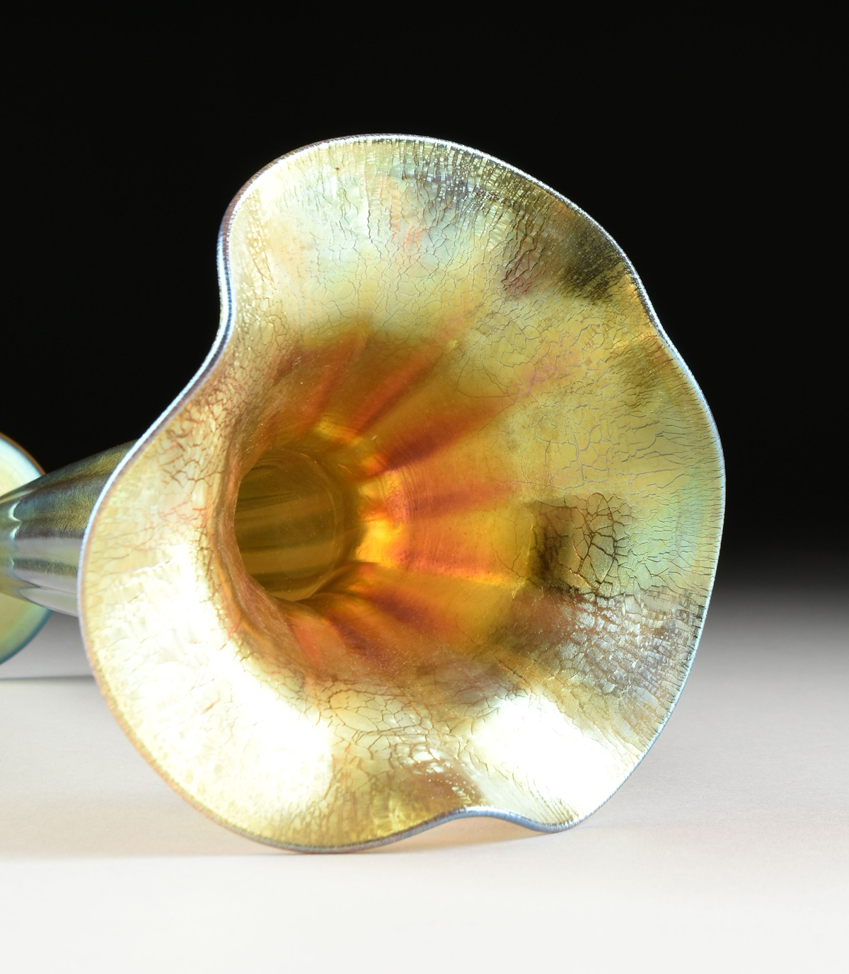 TWO IRIDESCENT ART GLASS VASES, LUNDBERG STUDIOS, CALIFORNIA, CIRCA 1996, the trumpet vase with a - Image 12 of 12