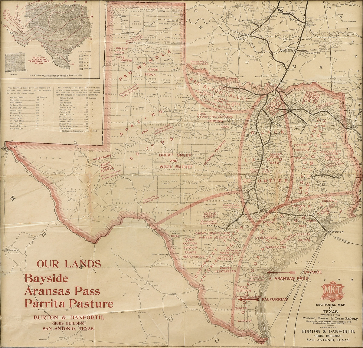 AN ANTIQUE MAP, "MK & T Railway Sectional Map of Texas," 1909, engraving on paper, showing areas