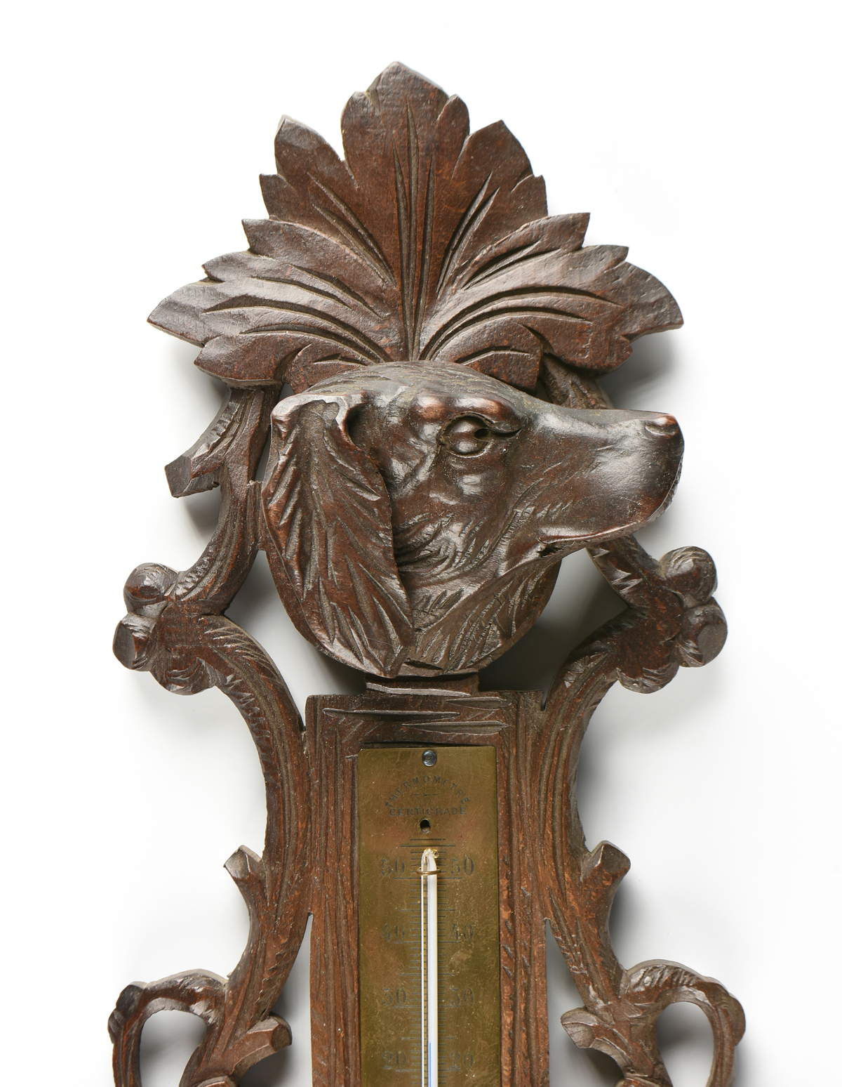 A FRENCH BLACK FOREST STYLE CARVED WOOD BAROMETER ANEROID, EARLY 20TH CENTURY, with a carved - Image 4 of 4