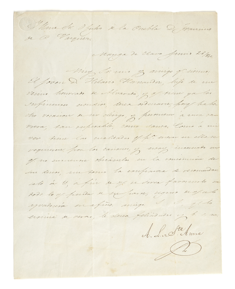 A HANDWRITTEN AUTOGRAPH LETTER, ANTONIO LÓPEZ DE SANTA ANNA (Mexican 1794-1876) SIGNED AND DATED