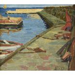 ERNST ODEFEY (German 1882-1964) A PAINTING, "Hafermaner (Harbormen)," oil on artist board, signed in