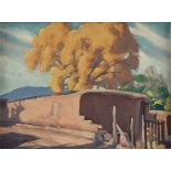 ARTHUR EARL HADDOCK (American 1895-1980) A DUAL SIDED PAINTING, "Adobe House and Yellow Tree,"