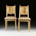 A PAIR OF ART DECO STYLE GILT AND UPHOLSTERED CARVED WOOD SIDE CHAIRS, LATE 20TH CENTURY, each