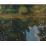 AMERICAN SCHOOL (20th Century) A DRAWING, "Reflecting Pond," pastel on pressed board, signed
