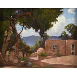 CARL REDIN (American 1892-1944) A PAINTING, "Adobe Homestead," oil on pressed pulp board, signed L/