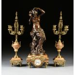 A LOUIS XVI REVIVAL GILT AND PATINATED BRONZE MOUNTED FIGURAL MANTLE CLOCK GARNITURE, FRENCH, LATE
