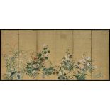 A JAPANESE RINPA SCHOOL POLYCHROME PAINTED AND GOLD LEAF SIX PANEL SCREEN, 19TH CENTURY, beautifully