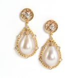 A PAIR OF 18K YELLOW GOLD, PEARL, AND DIAMOND LADY'S EARRINGS, suspending two cultured white tear