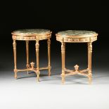 A PAIR OF LOUIS XVI STYLE MARBLE TOPPED AND PARCEL GILT CARVED WOOD SIDE TABLES, MODERN, each with a