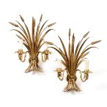 A PAIR OF LOUIS XVI STYLE GILT METAL WHEAT BUSHEL TWO LIGHT SCONCES, MODERN, the bushels tied with a