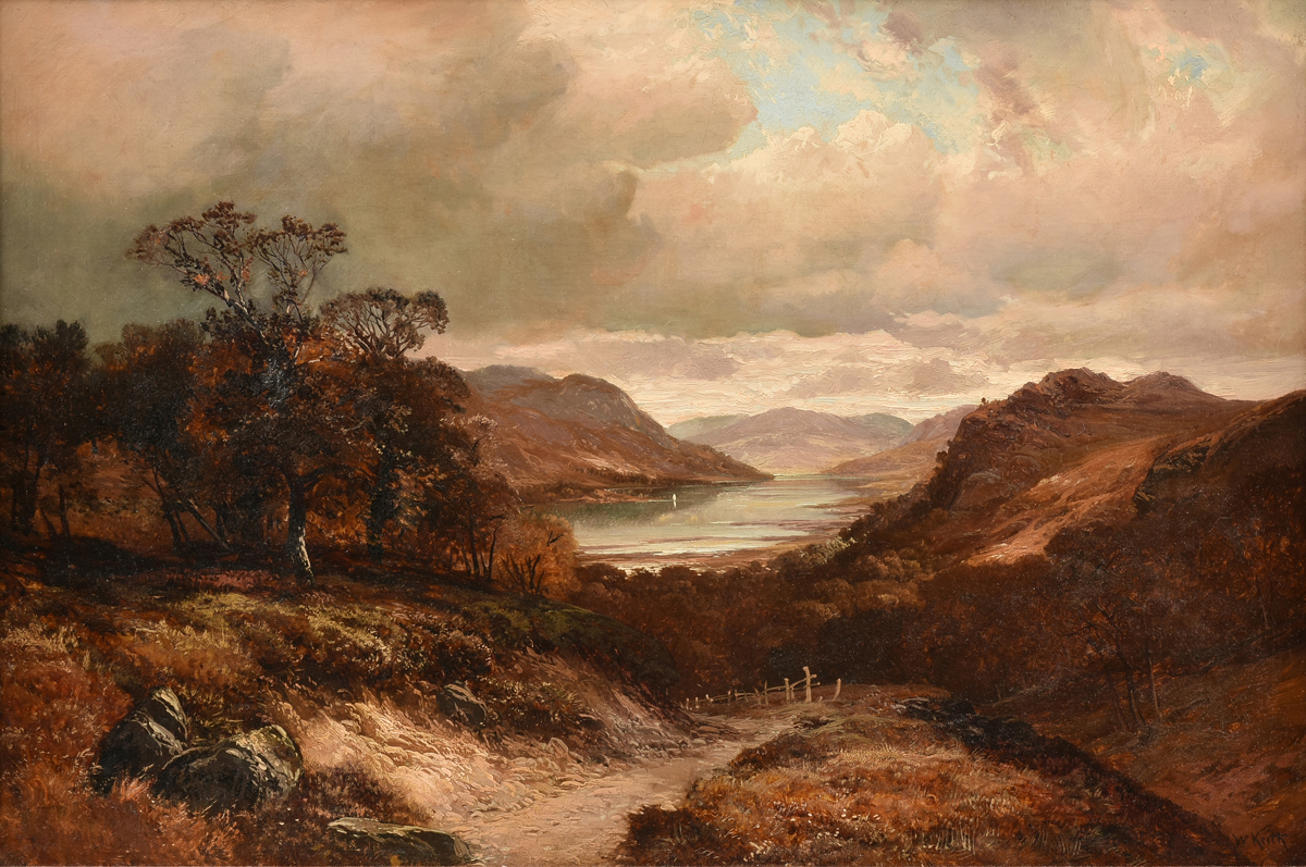 WILLIAM KEITH (American 1838-1911) A PAINTING, “Mountain Valley Landscape,” oil on canvas, signed