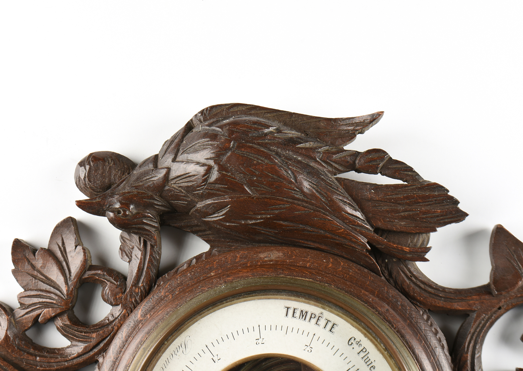 A FRENCH BLACK FOREST STYLE CARVED WOOD BAROMETER ANEROID, EARLY 20TH CENTURY, with a carved - Image 3 of 4