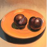 ELLEN BERMAN (American/Texas 20th/21st Century) A PAINTING, "Plums & Yellow Plate," 2002, oil on