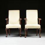 A PAIR OF GEORGE II (1727-1760) STYLE MAHOGANY LEATHER UPHOLSTERED ARMCHAIRS, MODERN, of