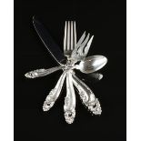A SIXTY-FOUR PIECE STERLING SILVER FLATWARE SERVICE BY GORHAM, DECOR PATTERN, MARKED, MID 20TH