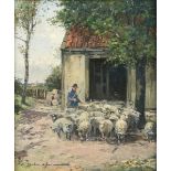 KURT MOHR (German 1886-1973) A PAINTING, "Shepherd in Blue Coat with Herd of Sheep," oil on